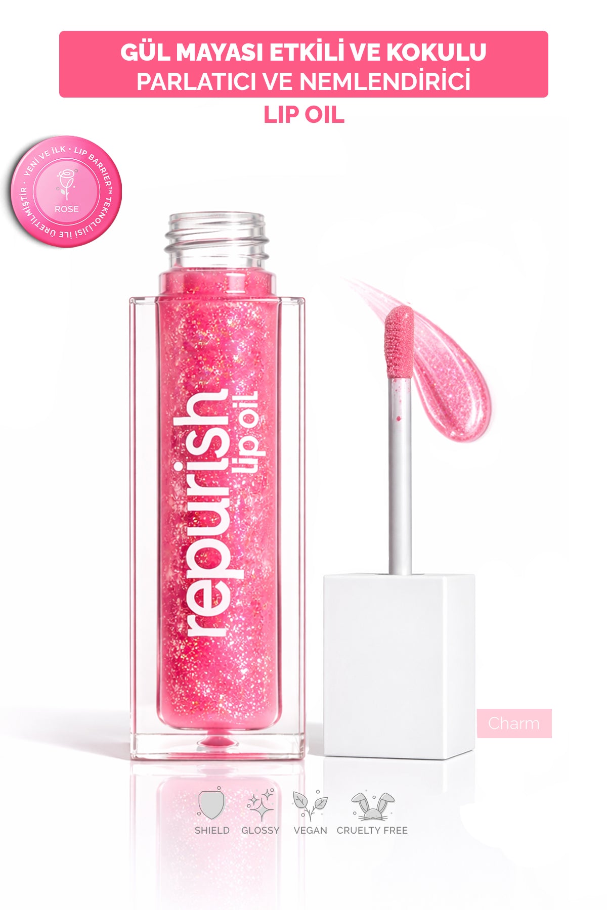 Gül Mayalı Dudak Bakım Yağı (Lip Oil Simli)  - Charm