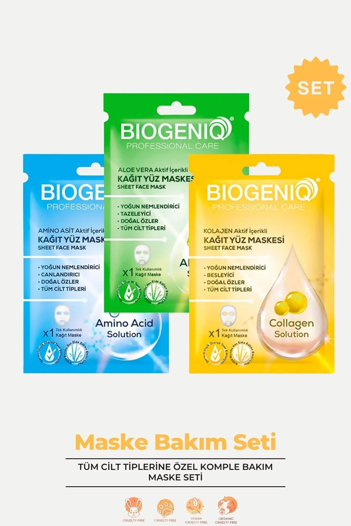 Kolajen Içerikli & Amino Asit & Aloe Vera Kağıt Yüz Maskesi 3'lü