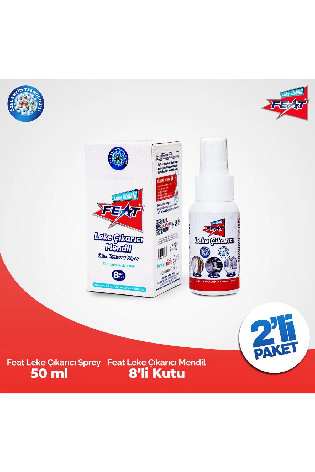 Leke Çıkarıcı Mendil 8'li 1 Kutu + Feat Leke Çıkarıcı Sprey 50 Ml