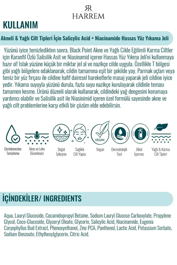 Akneli&Yağlı Cilt Tipleri için Saliyclic Acid+Niacinamide Hassas Yüz Yıkama Jeli 200 ML Black P.int